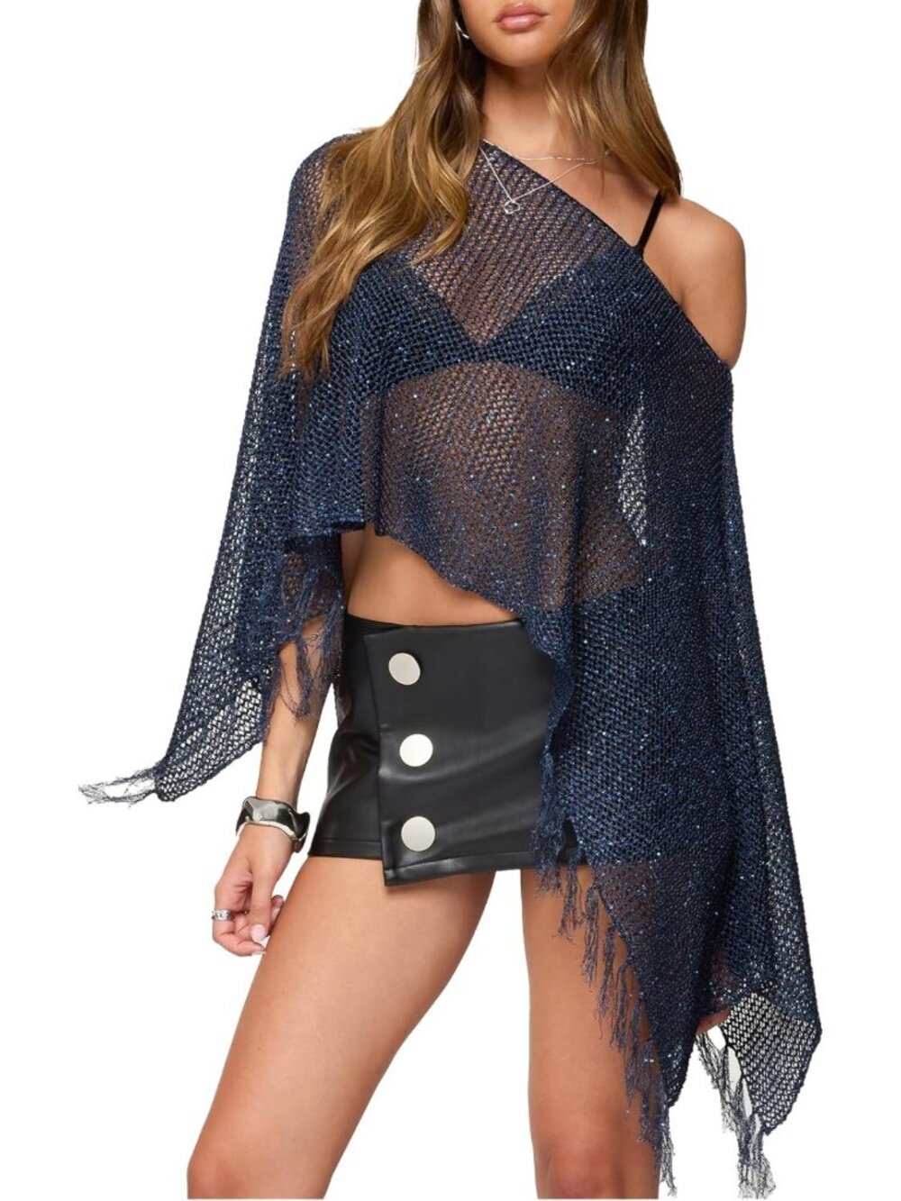 Sheer Glitter Mesh Poncho Top - Lightweight Knit Crochet Batwing Sleeve Cover-Up